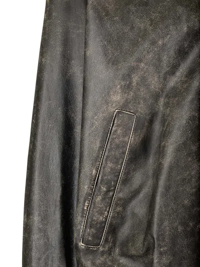 Acne Studios Black Distressed Leather Bomber Jacket
