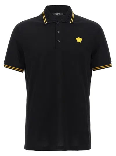 Versace Black Polo Shirt With Classic Collar And Medusa Embroidery