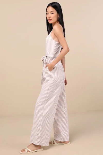Lulus Messina Beige Striped Wide-leg Jumpsuit