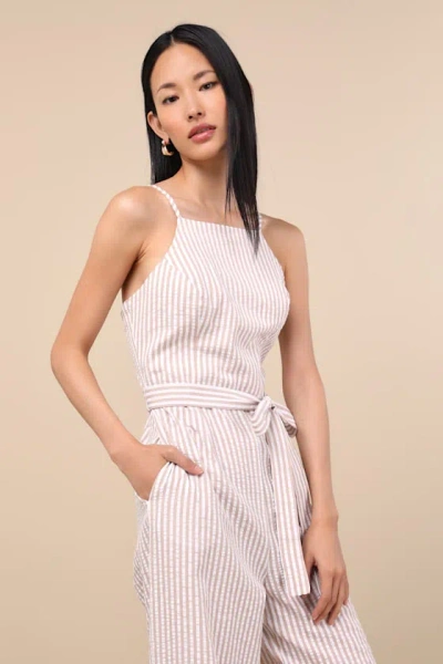 Lulus Messina Beige Striped Wide-leg Jumpsuit