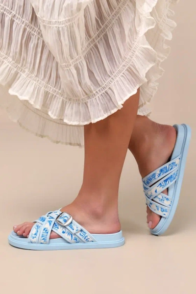 Lulus Killian Blue Tropical Print Slide Sandals In Gray