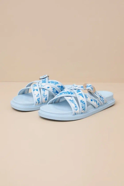 Lulus Killian Blue Tropical Print Slide Sandals In Gray