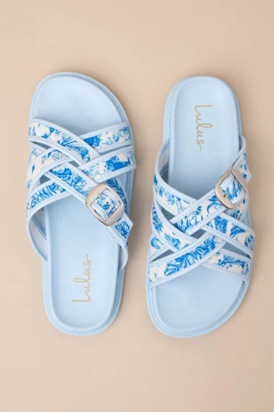 Lulus Killian Blue Tropical Print Slide Sandals In Gray