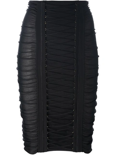 Balmain Lace-up Stretch-knit Pencil Skirt In Black