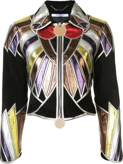 Givenchy Woman Cropped Patchwork Metallic Leather Jacket Black
