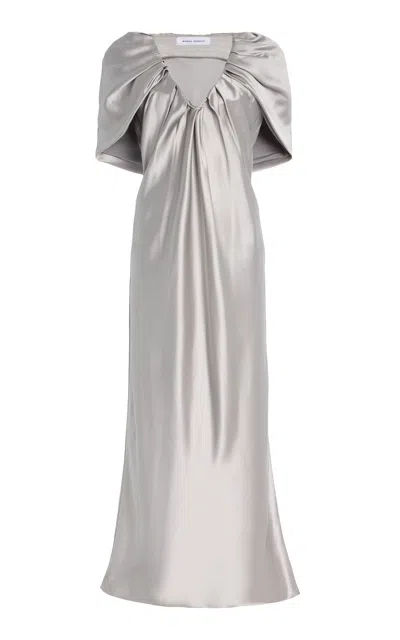 Marina Moscone Draped Satin Sheath Midi Dress In Gray