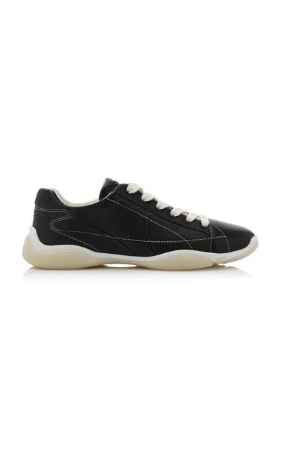 Prada Handcrafted Leather Sneakers Geometric Stitching In Black