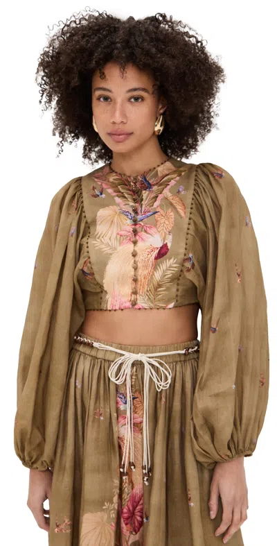 Zimmermann Ascension Cropped Bodice Top In Khaki Palm Floral In Brown