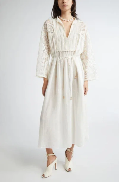 Zimmermann Ascension Lace Trim Tie Waist Midi Dress In White