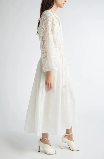Zimmermann Ascension Lace Trim Tie Waist Midi Dress In White