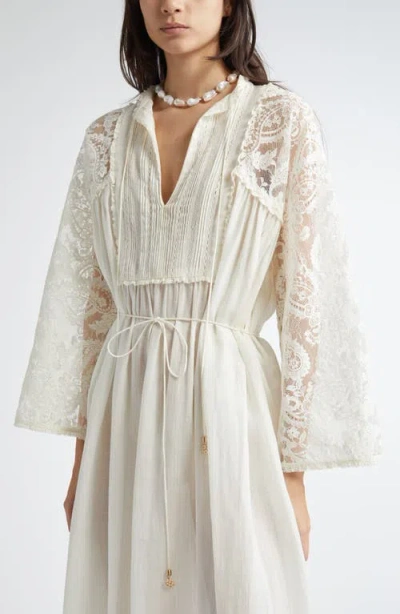 Zimmermann Ascension Lace Trim Tie Waist Midi Dress In White