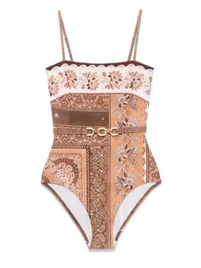Zimmermann Lucky Belted One-piece Bandeau Swimsuit In Brown