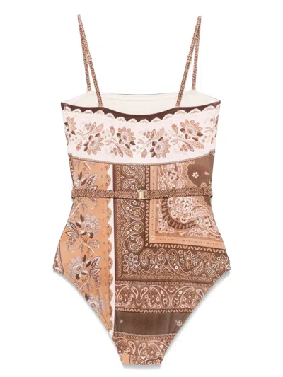 Zimmermann Lucky Belted One-piece Bandeau Swimsuit In Brown