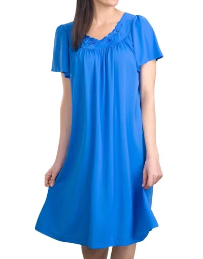 Shadowline Lingerie Short Gown With Flower Petal Embroidery And Flutter Sleeves In Sapphire