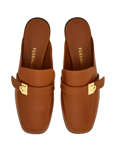 Ferragamo Mavira Leather Gancini Strap Loafer Mules In Brown