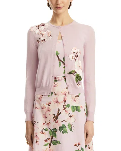 Oscar De La Renta Wool Floral Applique Cardigan In Pinksoft Pink