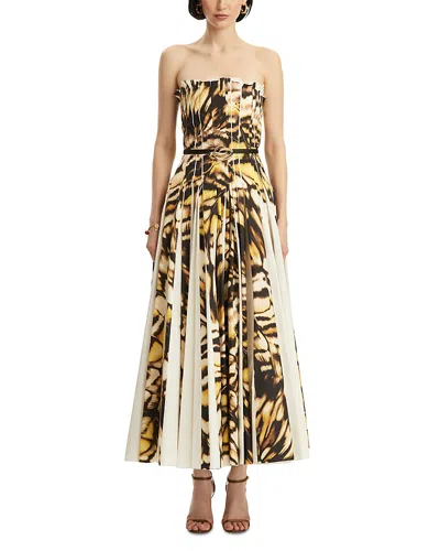 Oscar De La Renta Strapless Pleated Butterfly Poplin Ankle Dress With Belt In Multi