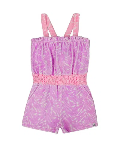 Deux Par Deux Girl's Printed Terry Cloth Romper Vibrant Pink And White