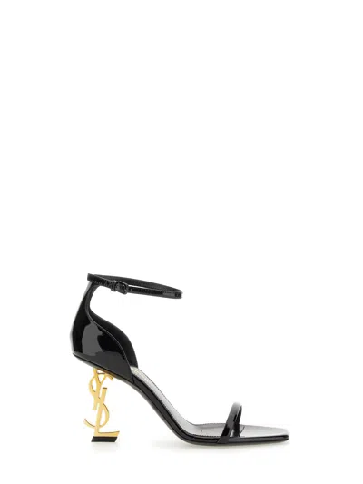 Saint Laurent Opyum Patent Leather Sandals With Structured Heel Featuring Metal Ysl Initials And Adj In Black