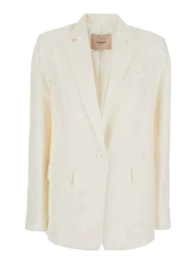 Twinset White Single-breasted Jacket With Notched Revers And Dropped Shoulders In Linen Blend Woman