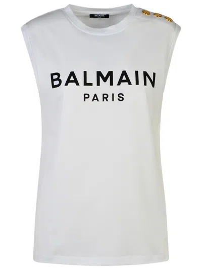 Balmain Logo Cotton Jersey Tank Top In White
