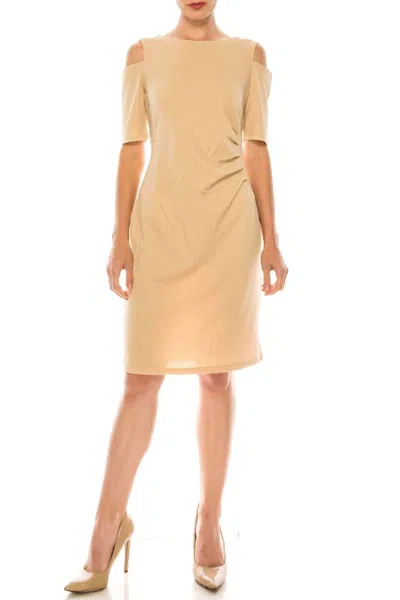 Ile Clothing Side Pleat Cold Shoulder Sheath Dress In Champagne