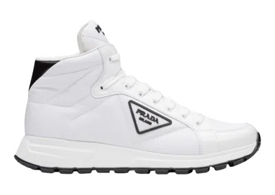 Pre-owned Prada Men's  Prax 01 High Top Renylon And Brushed Leather Sneakers In White/black In Multi