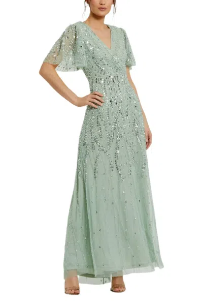 Mac Duggal Embellished Flutter Sleeve Gown In Green