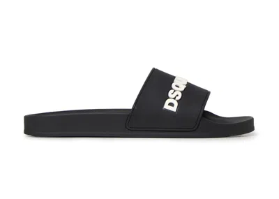 Pre-owned Dsquared2 Men's  Logo Pool Slides Sneakers In Black/white In Multi