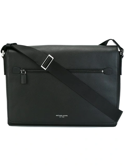 Michael Kors Harrison Large Cross-grain Leather Messenger Bag In Black