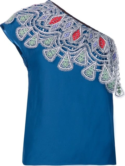 Peter Pilotto One-shoulder Embroidered-lace Crepe Top In Blue