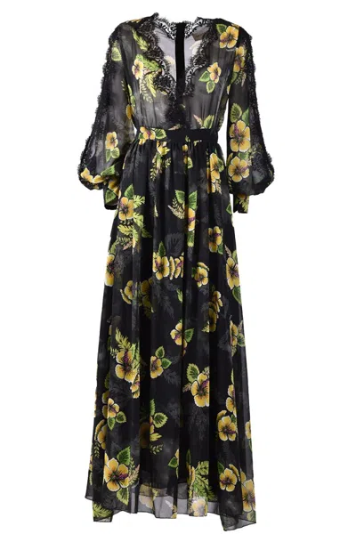 Ermanno Maxi Dress With Elegant Floral Print And Sheer Lace Details