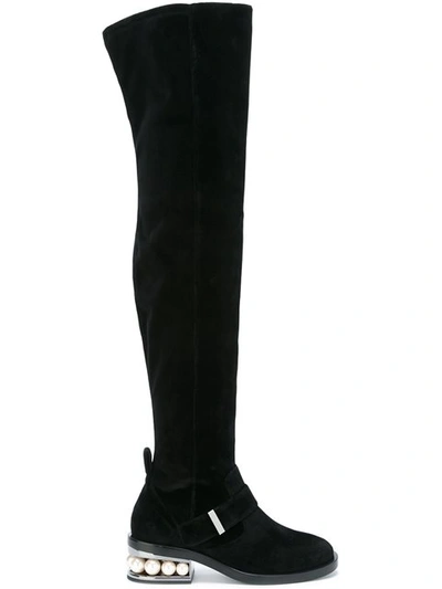 Nicholas Kirkwood 'casati' Faux Pearl Heel Velvet Thigh High Boots In Black