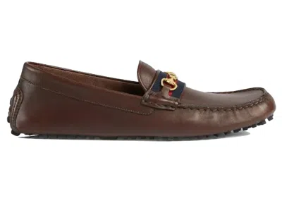 Pre-owned Gucci Men's  Ayrton Webbingtrimmed Horsebit Leather Driver Loafers Sneakers In Brown