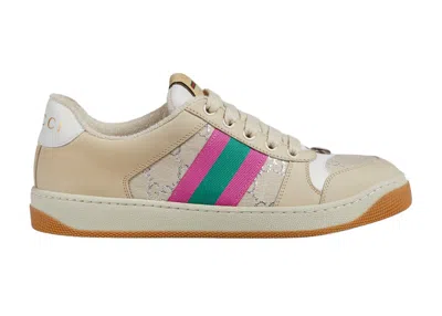 Pre-owned Gucci Screener Leather (women's) Sneakers In Cream/pink/green In Multi