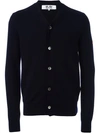 Comme Des Garçons Play Lambswool Cardigan With Small Black Emblem Sleeve In Blue