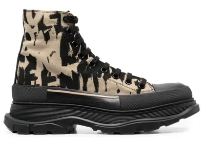 Pre-owned Alexander Mcqueen Men's  Graffiti Tread Slick Boot Sneakers In Beige/black In Multi