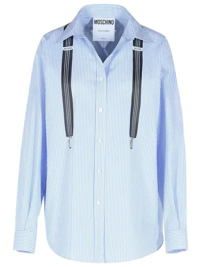 Moschino Couture Light Blue Cotton Striped Shirt With Decorative Straps