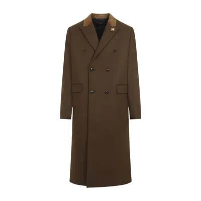 Amiri Wool Blend Double-breasted Coat With Suede Collar For Men