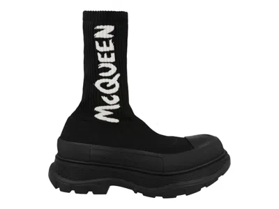 Pre-owned Alexander Mcqueen Men's  Graffiti Knit Tread Slick Boot Sneakers In Black