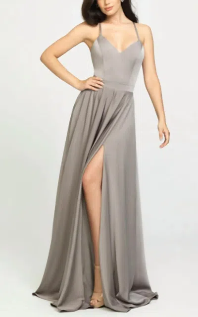Madison James A-line Dress With Criss Cross Back And Slit In Grey
