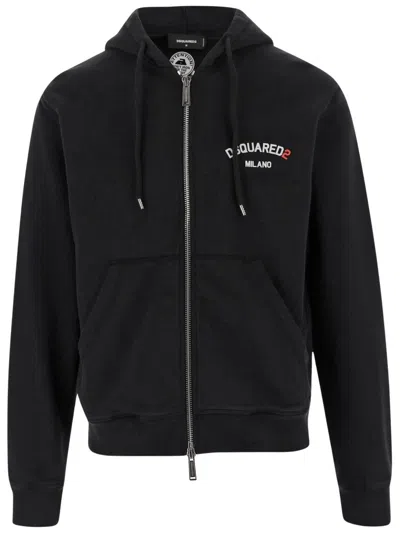 Dsquared2 Black Sweatshirt With Hood And Zip And Logo Detail On The Front In Cotton Man