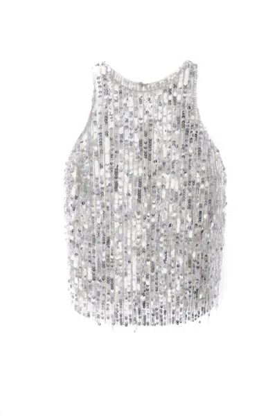 Elisabetta Franchi Sequined Halter Top With Fringe Detail And Silhouette