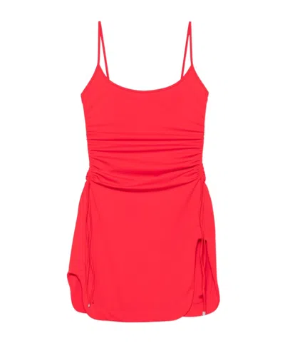 Attico Mini Length Ruched Detailing Side Slit Strappy Beach Cover Up In Red