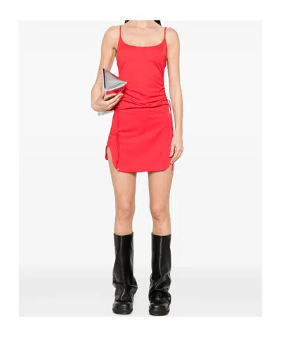 Attico Mini Length Ruched Detailing Side Slit Strappy Beach Cover Up In Red