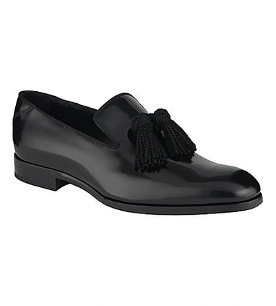 Shop Jimmy Choo Foxley Tassel Calf Leather And Satin Loafers In Black