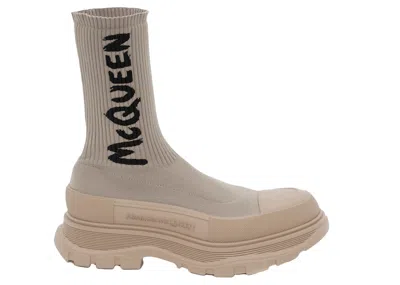 Pre-owned Alexander Mcqueen Men's  Graffiti Knit Tread Slick Boot Sneakers In Beige