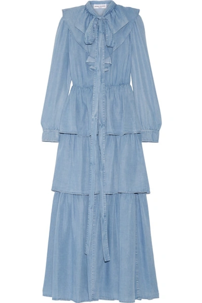 sonia rykiel denim dress Sonia Rykiel Ruffled Tiered Chambray Maxi Dress In Light-blue