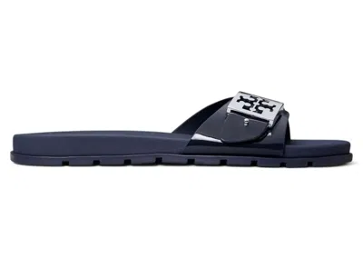 Pre-owned Tory Burch Buckle Slide (women's) Sneakers In New Navy Blue/silver