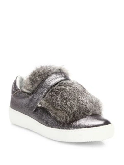 Shop Moncler Lucie Rabbit Fur & Metallic Leather Sneakers In Grey